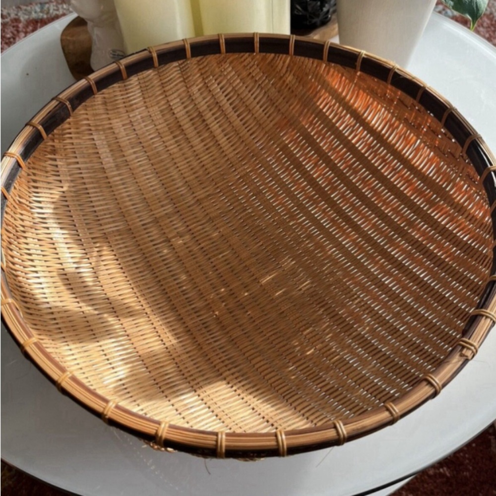 Vintage Boho Basket Bowl Wicker Domed Round Bamboo Basket Boho Decor 15”